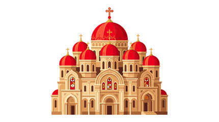 Fototapeta premium Orthodox Church Building with Red Domes and Crosses, Religious Architecture