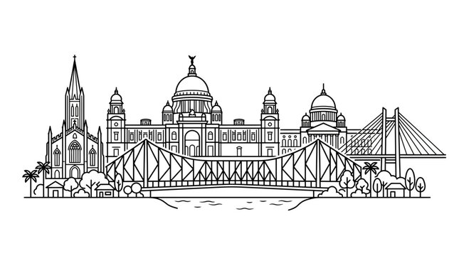 Kolkata Cityscape Skyline Illustration: Victoria Memorial, Howrah Bridge, Landmark Buildings