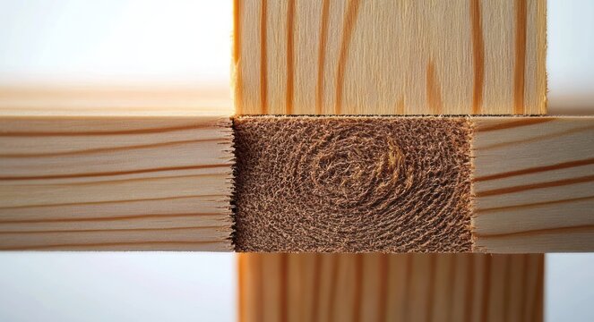 close-up of three intersecting wooden beams with exposed end grain and smooth planed surfaces, warm light evokes calm tactile craftsmanship