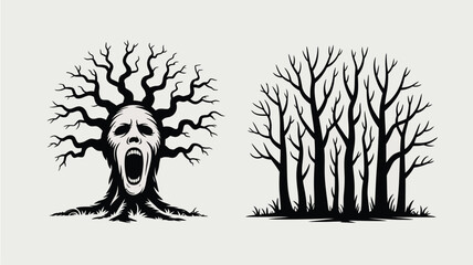 Fototapeta premium Spooky bare tree with a screaming face and a silhouette forest of similar trees