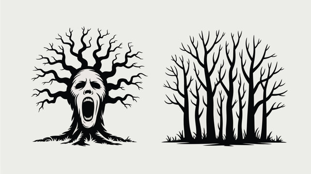 Spooky bare tree with a screaming face and a silhouette forest of similar trees