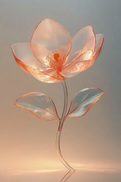 translucent glass flower sculpture with glowing peach petals, detailed stamen, two curved leaves and slender stem on a soft neutral background conveying serene delicate elegance