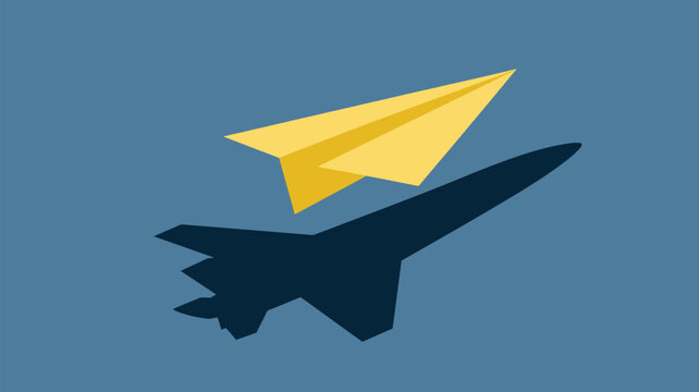 Bright yellow paper plane casting a shadow of a powerful military jet