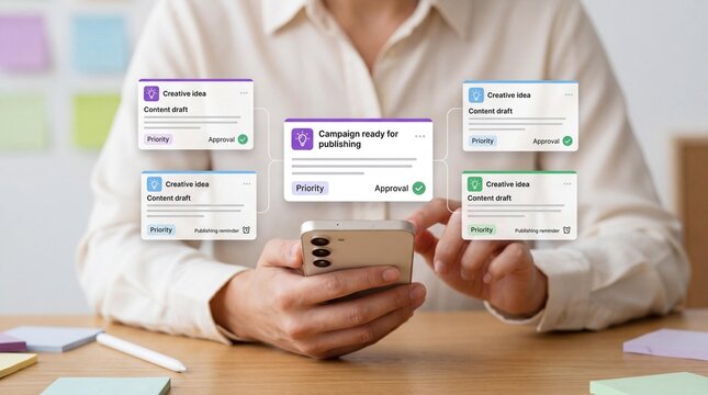 Person using smartphone with social media content creation pop ups