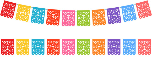 Fototapeta premium Horizontal set of colorful papel picado banners isolated on white background.Mexican perforated paper flags collection. Festive vector illustration.