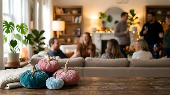 Velvet pumpkins on wooden table with friends gathering in blurry living room