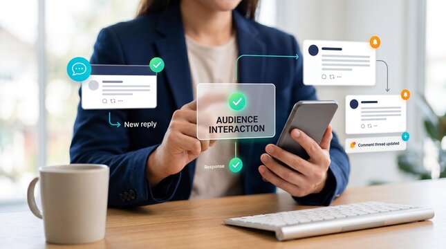 Woman engaging with audience interaction on smartphone