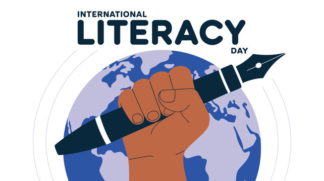 Brown hand holding a fountain pen in front of a spinning blue earth for global literacy