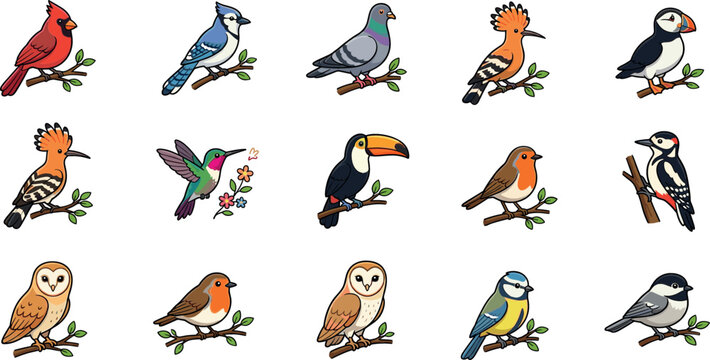Diverse Bird Vector Icon Set Featuring Cardinal, Blue Jay, Toucan, Hoopoe, Puffin, Owl, and Hummingbird for Nature and Wildlife Designs
