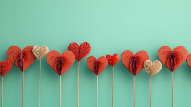 row of red and cream folded paper hearts on wooden sticks against a teal background, cheerful romantic craft display