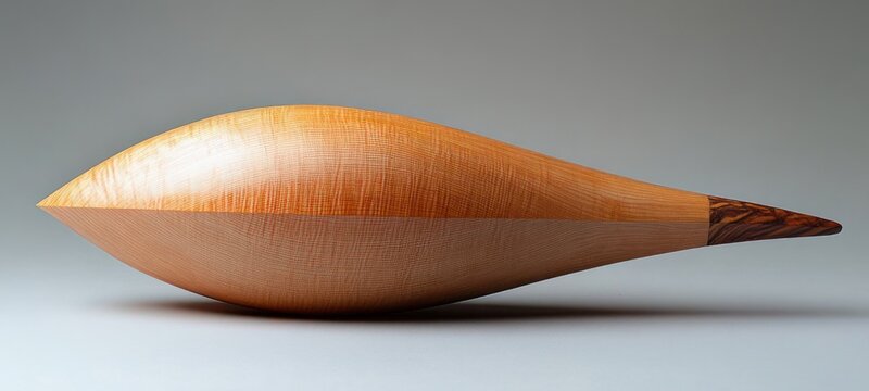 minimalist hand-turned wooden sculpture with elongated boat-like form, smooth polished light grain and darker tapered tail conveying serene elegance