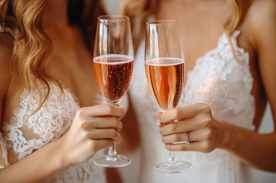 Two women in white lace dresses clinking ros&eacute; champagne flutes in a warm intimate celebratory toast with visible hands and engagement ring