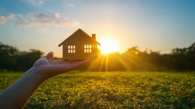A hand holding a small wooden house model above a sunlit green field at sunrise, warm golden light and a hopeful peaceful atmosphere