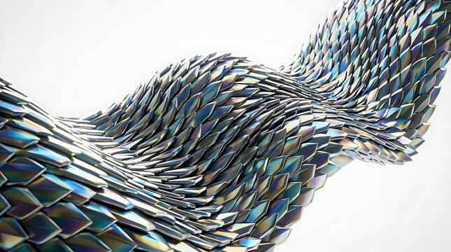 Abstract iridescent metallic wave of geometric scales on white