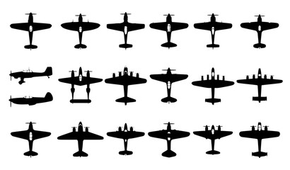 Premium World War II aviation silhouette vector set featuring military fighter aircraft bombers and transport planes for historical and educational infographic design © MdShojib