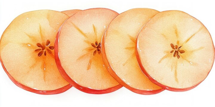 four overlapping apple slices with visible cores on white background, bright fresh cheerful watercolor