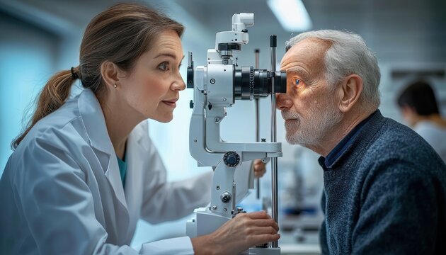 ophthalmologist using a slit lamp to examine an elderly man&rsquo;s eye in a clinic, focused professional care and attentive patient during vision test