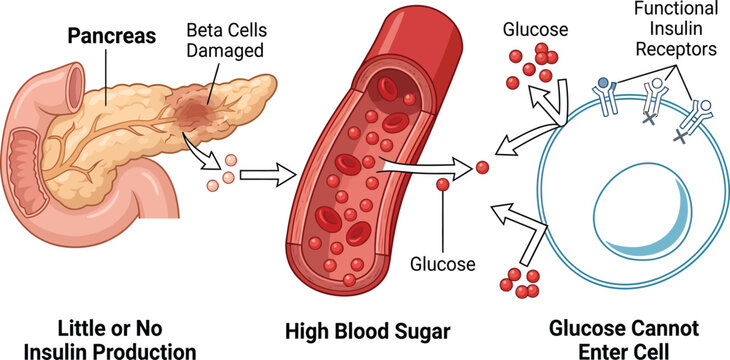 Type 1 diabetes pathophysiology diagram showing damaged pancreatic beta cells, insulin deficiency, and hyperglycemia