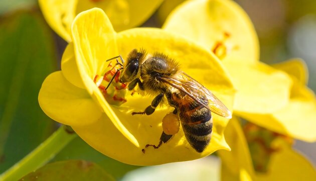 Close-up captures a honeybee gathering nectar and pollen from a bright yellow flower with unique petals