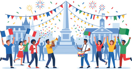 A diverse crowd celebrates a national holiday with flags, music, confetti, and fireworks in a city square, featuring French and Italian symbols. © nnimsand