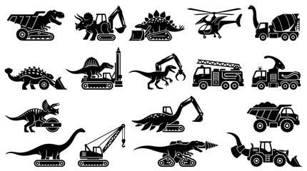 Obraz premium Dinosaur Construction Vehicles and Equipment Silhouette Icons - Black White Vector Set
