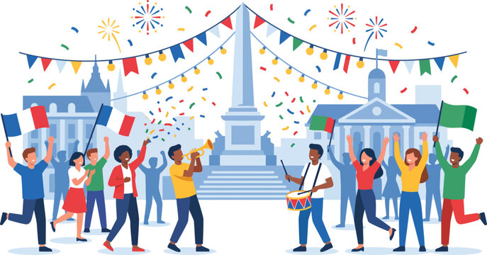 A diverse crowd celebrates a national holiday with flags, music, confetti, and fireworks in a city square, featuring French and Italian symbols.