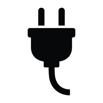 Simple black silhouette icon of an electrical plug with two parallel prongs and a curved cord against a clean white background