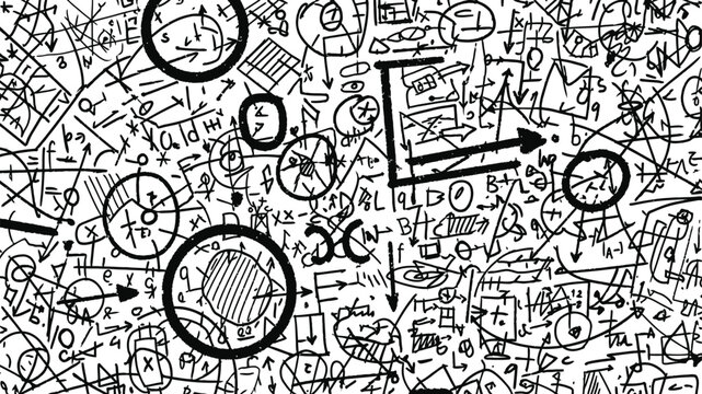 Complex mathematical formulas and scientific diagrams seamless pattern black and white