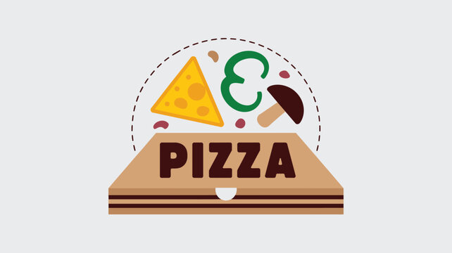 Cardboard pizza box with fresh cheese, pepper, and mushroom ingredients floating above