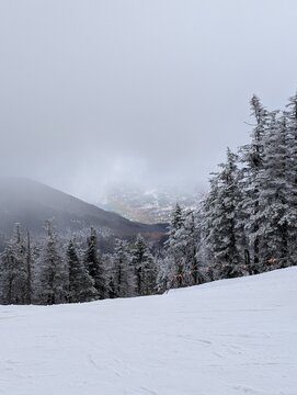 The mountain slopes are covered in snow&mdash;a white road, snow-laden fir trees; a beautiful winter in the mountains. Canada, Ontario.