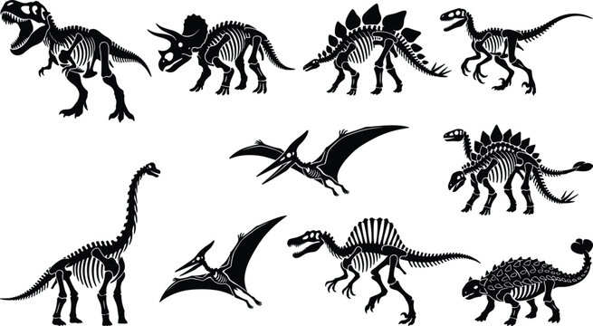 Dinosaur skeleton silhouette set prehistoric fossils T rex triceratops black vector collection