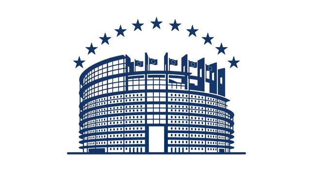 European Parliament Building Illustration with EU Stars Emblem