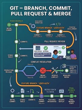 Software development version control and git workflow infographic