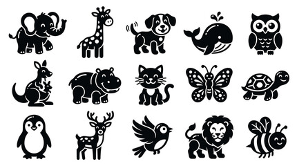 Fototapeta premium Cute Black and White Glyph Cartoon Animal Icons Set for Kids Education and Wildlife Themes