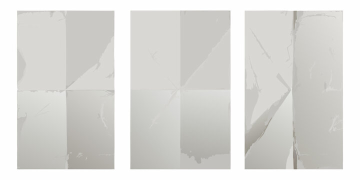 three vertical sheets of white paper with visible creases folded document blank page stationery office supplies