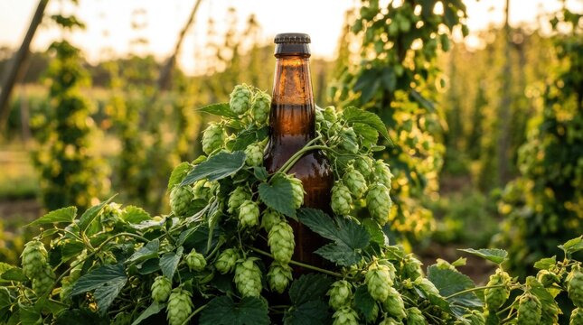 Brown glass beer bottle nestled in green hop plants at sunset field