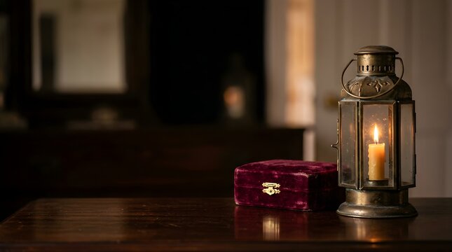 Vintage lantern with a glowing candle and velvet box on a dark table
