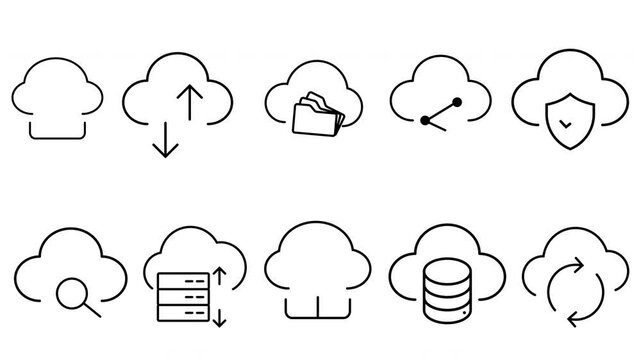 set pack Cloud Computing Line Icon Pack Animation Loop Cloud Storage Upload Download Sync Security Database Network Search