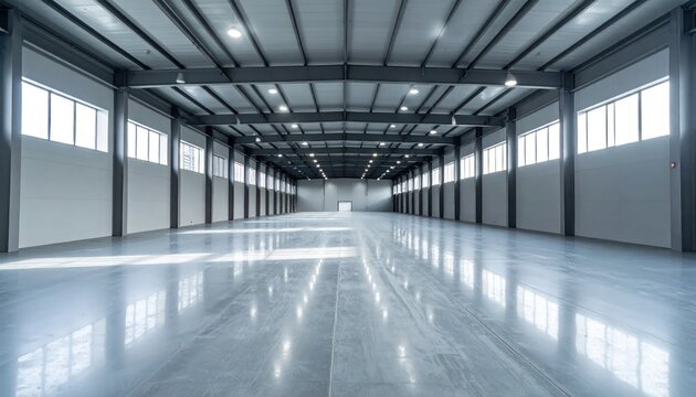 Vast Empty Modern Industrial Warehouse Interior with Polished Concrete Floor.
