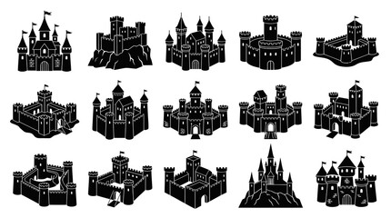 Obraz premium History and Fantasy Medieval Castles Silhouette Collection - Vector Glyph Style