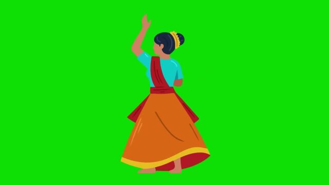 Woman in traditional outfit dancing on green screen with raised hand