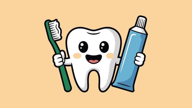 Cheerful animated tooth character presenting a toothbrush and toothpaste for daily dental care