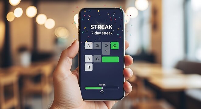 persons hand holds a smartphone with the STREAK app open, showing a 7-day streak and various habit tracking modules.