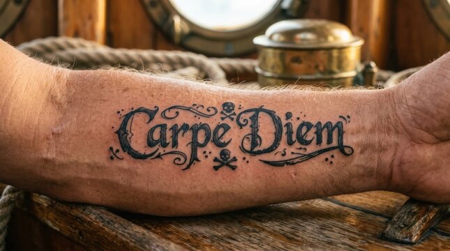 Carpe diem ink tattoo on a mans forearm with skull icons on a ship