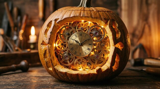 Carved pumpkin with internal mechanical clockwork gears on wooden table