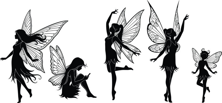 Collection of magical fairy silhouettes with ornate butterfly wings, featuring whimsical garden pixies, mystical forest spirits, and enchanted sprites isolated on white background.
