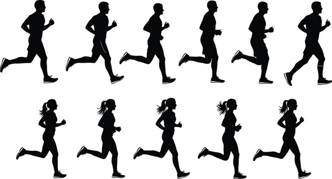 Collection of male and female running silhouettes showing jogging motion sequence, athletic runners in different stride positions, fitness training, marathon sport concept isolated on white