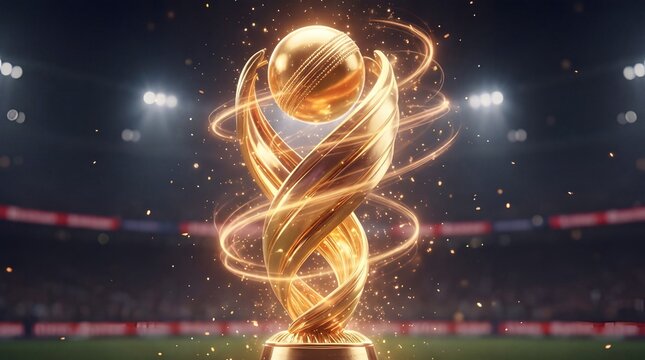 A stunning golden trophy featuring a cricket ball, surrounded by swirling light trails and golden particles in a blurred professional sports stadium.
