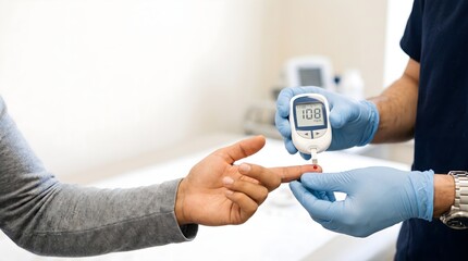 Fototapeta premium Healthcare worker holding blood glucose meter during finger prick test with patient hand