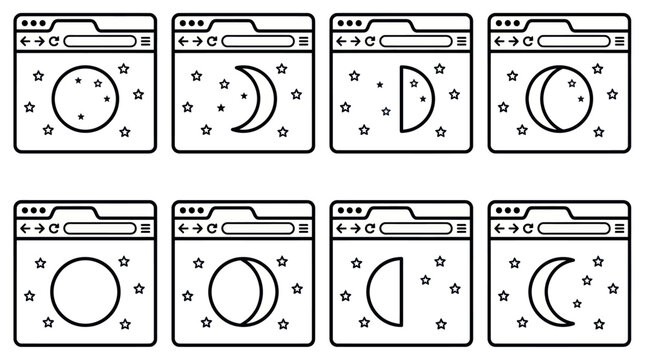 Browser interface icons with stars and moon phases.
